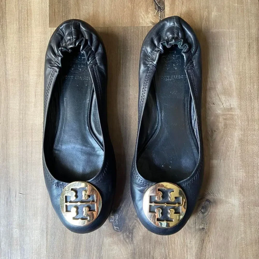 Tory Burch black leather gold tone logo scrunch ballet flats